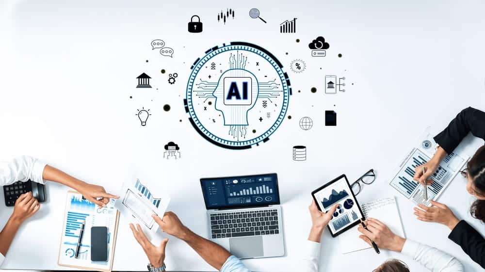 business team collaborates on AI project